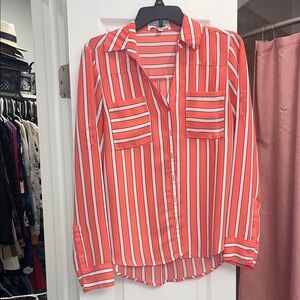 Express Coral and White Striped Button-Down Blouse